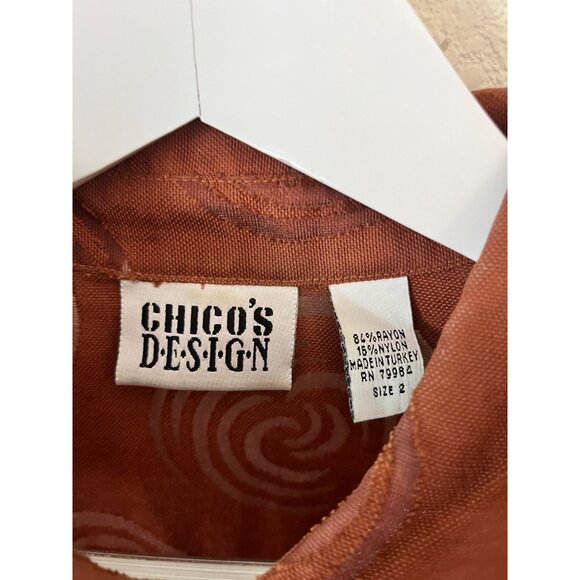 Chico's Design Brown Burnout Spiral Pattern 3/4 Sleeve Button-Up Shirt Size 2 - Picture 3 of 7